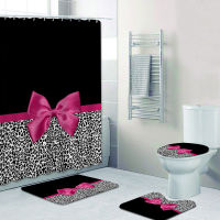 Girly Pink Ribbon Leopard Print Shower Curtain and Bath Rugs Set Modern Cheetah Leopard Bath Curtains for Bathroom Home Decor