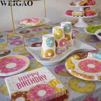 ✑☈ WEIGAO Donut Party Plate Cup Napkins Tablecloth Banner Birthday Party Disposable Tableware Set 1st Birthday Decor Party Supplies