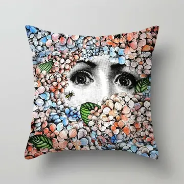 Fornasetti Collage eys,lips, keyholw, Red Throw Pillow by Kasey