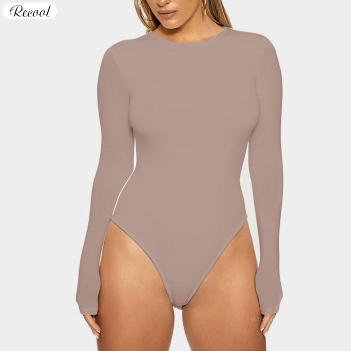 1Pc Women's Long Sleeves Crewneck Smooth Breathable Tummy Control Bodysuit  For Wear Outside