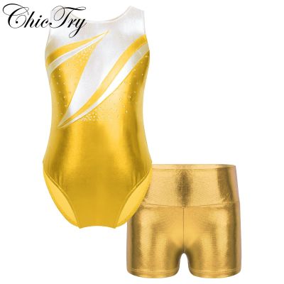 ◑☑ Kids Girls Ballet Dance Sets Sleeveless Gymnastics Workout Sportswear Outfits Metallic Leotard and Shorts Suits for Performance