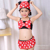 Kiddy Crew ชุดว่ายน้ำแยก ชุดว่ายน้ำเด็กผู้หญิงกระโปรง เด็กทารกน่ารัก การ์ตูน Mickey polka dot ชุดสูทสามชิ้น