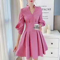 Dabuwawa Elegant V Neck Solid Casual Button Dress Women Spring Vintage High Waist Lantern Sleeve Dresses Female DO1ADR039