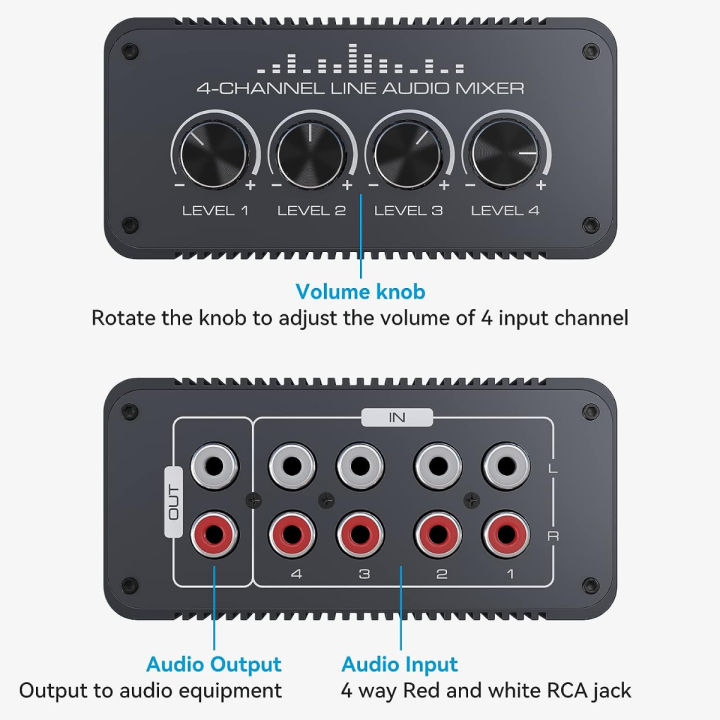 cmstedcd-audio-mixer-ultra-low-noise-4-channel-rca-l-r-line-levels-control-box-passive-mixer-rca-inputs-output-separate-volume-controls-for-small-club-bar-or-recording-studio-4-in-1-out-mix