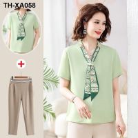 Western-style mothers dress summer dress chiffon shirt middle-aged womens temperament top clothes summer middle-aged and elderly womens two-piece suit