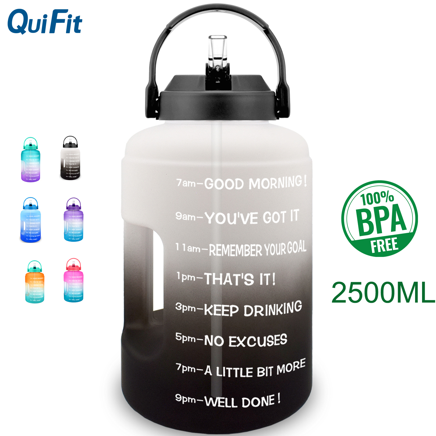 QuiFit Sports Water Bottle with Motivational Time Marker 43 oz Gray Jug w Handle 