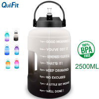 QuiFit 2.5L 83OZสร้างแรงบันดาลใจกีฬากระบอกน้ำที่มีเครื่องหมายเวลาที่วางหลอดLeak-ProofขวดฟรีBPAสำหรับกีฬากลางแจ้ง