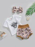 2023-03-31 Lioraitiin 0-24M Newborn Baby Girls 3Pcs Outfit Short Sleeve Cattle Head Print Tops Letter Print Shorts Headband  by Hs2023