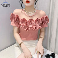 YIMEI เสื้อยืดผู้หญิงแขนสั้นผ้าคอตตอนด้านบนของหูสวยงาม,เสื้อยืดผ้าฝ้าย2023แฟชั่นเซ็กซี่ตาข่ายคอกลมสีชมพู