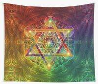 Metatrons Cube with Merkabah and Flower of Life Tapestry Psychedelic Colorful Wall Hanging Tapestries Dorm Wall Art Yoga Mat