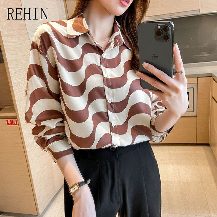 rehin-women-s-to-french-niche-design-wave-pattern-loose-long-sleeved-shirt-lapel-work-wear-chiffon-blouse