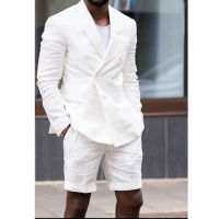 White Linen Summer Mens Suits with Double Breasted Two Piece Slim Fit Short Pants Jacket Casual Fashion Wedding Groom Tuxedo