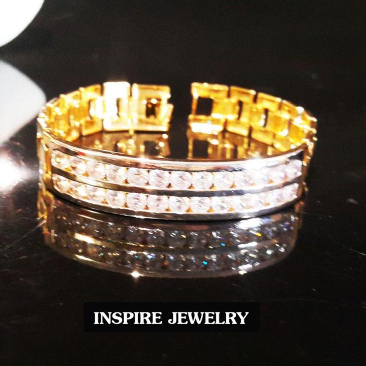 inspire-jewelry-สร้อยข้อมือฝังเพชรสวิสเรียงสองแถว-หรือสามแถว-ให้เลือกใส่-เลตเพชรสวิส-น้ำงามเกรด-aaa-งานจิวเวลลี่-ยาว-18-gold-plated-diamond-clonning