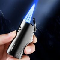 ✥☜ Jobon Triple Torch Jet Metal Lighter Pipe Lighter with Cigar Cutter Visible Transom Windproof Flame Accessories Gadgets Men