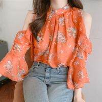 เสื้อสวมหัว Atasan Sifon ผู้หญิงเสื้อโปร่งใสทรงหลวมลายดอกไม้สำหรับฤดูใบไม้ร่วงเสื้อเปิดไหล่เซ็กซี่ฤดูร้อนผ้าระบายขอบเกาหลี