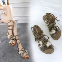 แฟชั่น Tali Kasut นุ่มวัสดุลำลอง Strappy Sandal PARTY LACE-up Pearl พู่รองเท้าแบน