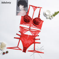 Aduloty New Womens Underwear Underwire Padded Hanging Neck Bra Set Red Temptation Garter Belt Thong Sexy Lingerie Suit