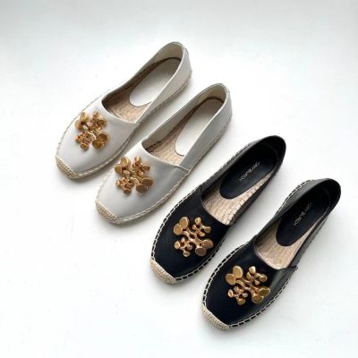 2023 new Tory Burch Two Colors Fishbone Solid Hardware Soft Sheep Leather Fisherman Shoes Casual Flats
