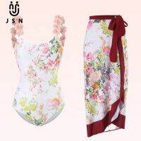 2022 New Backless Floral Print Swimsuit Swimwear and Sarong 2PCS Set for Womens Ruffle Strap Beachwear Cover Up Skisrt