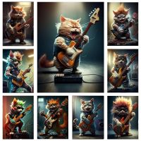 2023♛♤ Funny Animals Poster Rock Roll Music Cool Cat Guitar Vintage Posters Prints Wall Art Canvas Painting for Living Room Home Decor