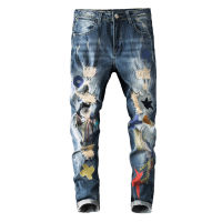 2019 Trendy Mens Nostalgic European And American Style Moon Xingx Stretch Embroidery Ripped Embroidered Jeans Men