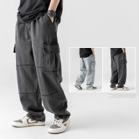 ；【‘；- Vintage Overalls Pants Man Streetwear Elastic Waist Outwear Long Cargo Pants Men Pocket Jeans Hip Hop Sweatpant Loose Straight