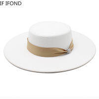 French Ladies White Bownot Satin Felted Fedoras Hat Women Banquet Elegant Formal Party Dress Cap 10CM Wide Brim Church Hat