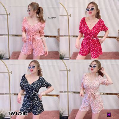 TW17264 Set 2 ชิ้น เสื้อแขนพองผูกเอวลายดอกไม้ + กางเกงขาสั้น