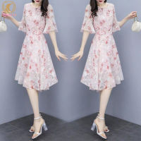 Lady Fashion Clothing Women Floral Chiffon Dress V-collar Loose Waist Medium Fashion Dress