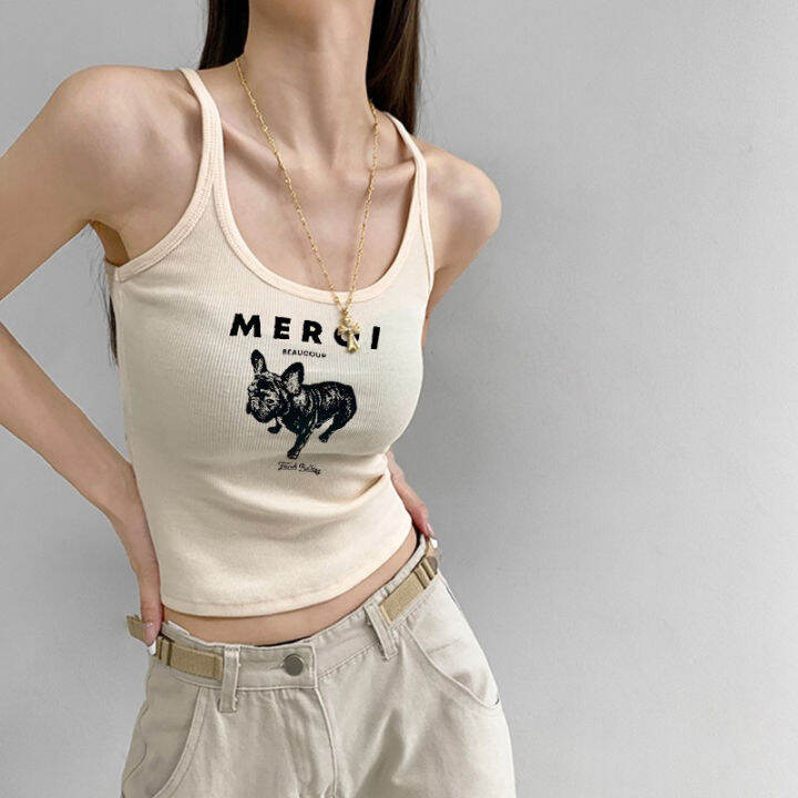 shenghao-เสื้อกล้ามผู้หญิงเซ็กซี่แขนกุดเข้ารูปพิมพ์ลายการ์ตูนย้อนยุคอเมริกัน