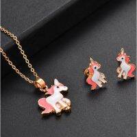 3pcsset Pink Unicorn Girls Necklace Costume Jewelry Kits