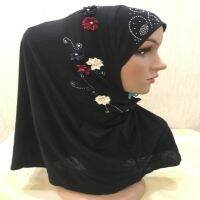 【YF】 H015 high quality medium size 60x60cm muslim amira hijab with flowers pull on islamic scarf head wrap