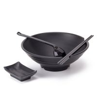 Japanese Hand-Pulled Noodles Bowl Imitation Porcelain Ramen Bowl Black Tang Bowl with Spoon Chopsticks Hard Plastic for Home