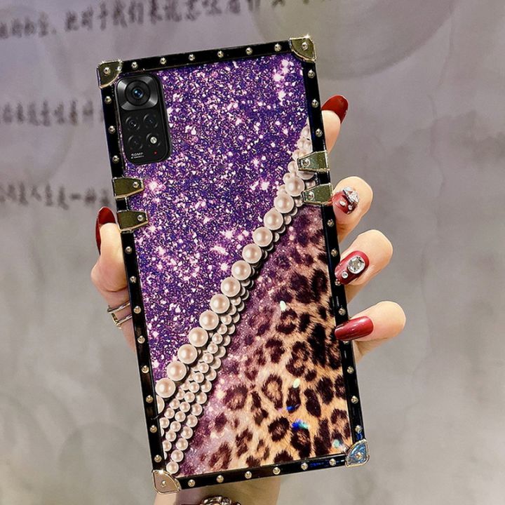 Leopard Square Edge Ring Stand Trunk Luxury Phone Case With