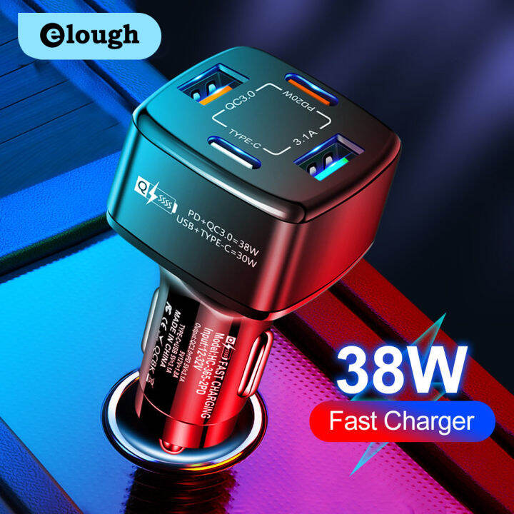 Elough 4 Ports USB Car Charger QC3.0 Type C PD Charger Fast Charging