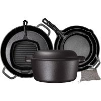 Pre Seasoned Kitchen Utensils Set Durable Cast Iron 8 Pc Bundle Pots And Pans Set Double Dutch Oven, 16" Pizza Pan, 3 Cast Iron Skillets &amp; Square Grill Pan, Frying Pan| Giftable Cookware Set