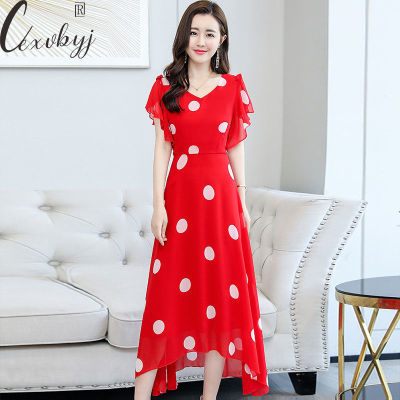 Summer Fashion Chiffon WomenS Dress Dot Print V-Neck Maxi Dress Ladies Office Work Wear Elegant Dress Plus Size Beach Vestidos