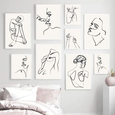 Nordic Line Drawing Girl Body Hand Love Kiss Wall Art ภาพวาดผ้าใบ-Chic และโมเดิร์นโปสเตอร์และพิมพ์ภาพผนังสำหรับตกแต่งห้องนั่งเล่น