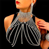 Spot parcel post European and American Fashion Exaggerated Long Fringe Rhinestone Chest Necklace Accessories Nightclub Shiny Sexy Necklace Women body chain