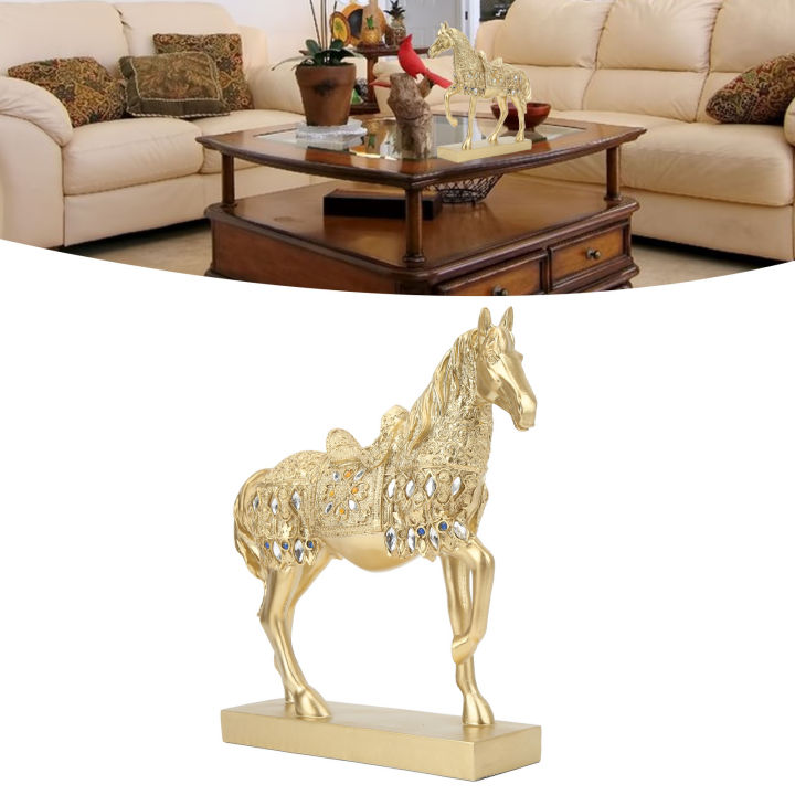 p7tjd-รูปแกะสลักม้าสีทองนำโชคของตกแต่งรูปปั้นม้าสัตว์ประดับบ้าน