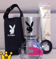 แก้วเก็บอุณหภูมิ ร้อน เย็น ลายPlay Boyสีเงินฟรี! ถุงใส่แก้ว + หลอดแสตนเลสพร้อมแปรงล้างและยางรองแก้ว