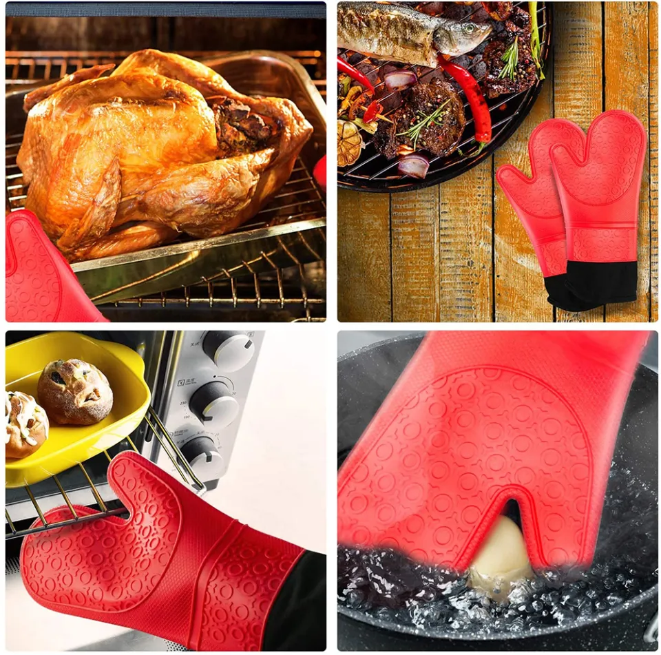HOMWE Extra Long Professional Silicone Oven Mitt, Oven Mitts with Quilted  Liner, Heat Resistant Pot Holders, Flexible Oven Gloves, Red, 1 Pair, 14.7