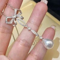 Bow Natural Drop Pearl Necklaces Freshwater Pearl Jewelry 925 Sterling Silver Pave CZ Necklace For Women Engagement