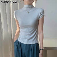 MAOZHUXIA กำมะหยี่สองด้านสไตล์เกาหลีบางพอดีของผู้หญิงกลางคอเสื้อยืดสไตล์ใหม่ที่เรียบง่ายแขนสั้น