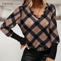 Spring Fashion Print Plaid Tops Pullovers Autumn y V Neck Lace Shirts Blusa Women Hot Sale Casual Long Sleeve Lattice Blouse