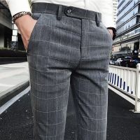 KNERO กางเกงสูท สำหรับผู้ชายดั้งเดิม 2023 ใหม่ Hanying ลายสก๊อต Chinos Slim Fit Drape Pencil กางเกงขายาวสำหรับผู้ชาย