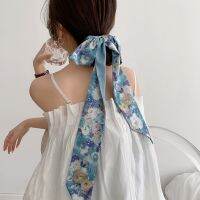 Luna&amp;Dolphin French Water Lily Oil Painting Silk Skinny Scarf Flower Printed Tie Bag Headband Wild Decorative Ribbon Waistband