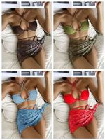 Three Piece Swimsuit Drawstring Strap Short Skirt Mesh Bikini