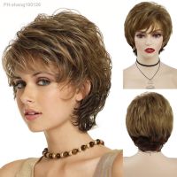 GNIMEGIL Synthetic Short Wigs for White Women Sandy Blonde Wig with Bangs Mix Brown Color Curly Wig Hair Ombre Elderly Wig Mom