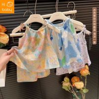 Summer New Sizzling Oil Painting Style Sling Set Girls Western Style Floral Vest Skirt Pants Baby Two-piece Set